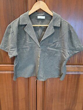 OAK + FORT Olive green Linen Cotton Blouse Button Up Size L